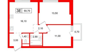 Квартира в ЖК Витебский парк, 2 комнатная, 50.7 м², 7 этаж