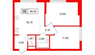 Квартира в ЖК Витебский парк, 2 комнатная, 50 м², 9 этаж