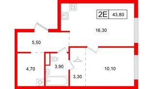 Квартира в ЖК Витебский парк, 1 комнатная, 43.8 м², 7 этаж