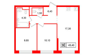 Квартира в ЖК Витебский парк, 2 комнатная, 49.4 м², 2 этаж