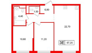 Квартира в ЖК Витебский парк, 2 комнатная, 57.2 м², 5 этаж