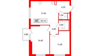 Квартира в ЖК Витебский парк, 2 комнатная, 55.1 м², 6 этаж