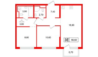Квартира в ЖК Витебский парк, 2 комнатная, 56.6 м², 4 этаж