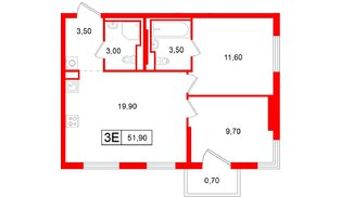 Квартира в ЖК Витебский парк, 2 комнатная, 51.9 м², 6 этаж