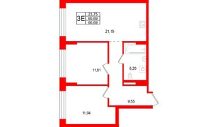 Квартира в ЖК Брусника в Новоселье, 2 комнатная, 60.69 м², 1 этаж
