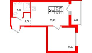 Квартира в ЖК «Брусника в Новоселье», 1 комнатная, 37.01 м², 6 этаж