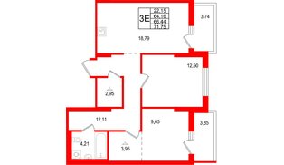 Квартира в ЖК «Брусника в Новоселье», 2 комнатная, 64.44 м², 6 этаж