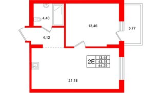Квартира в ЖК «Брусника в Новоселье», 1 комнатная, 44.29 м², 5 этаж