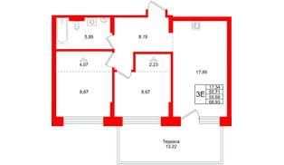 Квартира в ЖК «Брусника в Новоселье», 2 комнатная, 59.68 м², 1 этаж
