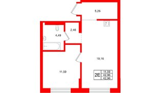 Квартира в ЖК «Брусника в Новоселье», 1 комнатная, 42.96 м², 2 этаж