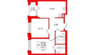 Квартира в ЖК «Кольский», 2 комнатная, 49.11 м², 3 этаж