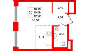 Квартира в ЖК «Кольский», студия, 30.09 м², 11 этаж