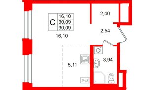 Квартира в ЖК «Кольский», студия, 30.09 м², 14 этаж