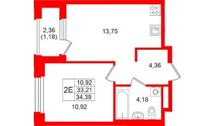 Квартира в ЖК «Кольский», 1 комнатная, 34.39 м², 13 этаж