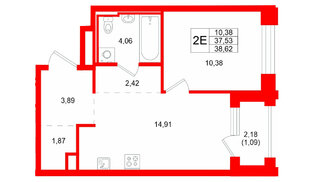 Квартира в ЖК GloraX Кольский, 1 комнатная, 38.62 м², 3 этаж