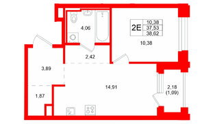 Квартира в ЖК GloraX Кольский, 1 комнатная, 38.62 м², 11 этаж