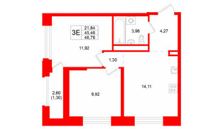 Квартира в ЖК GloraX Кольский, 2 комнатная, 46.78 м², 3 этаж