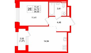 Квартира в ЖК «Кольский», 1 комнатная, 36 м², 15 этаж