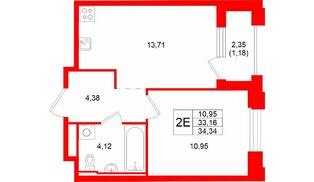 Квартира в ЖК «Кольский», 1 комнатная, 34.34 м², 13 этаж