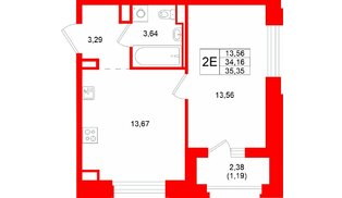 Квартира в ЖК «Кольский», 1 комнатная, 35.35 м², 13 этаж