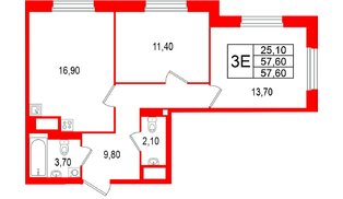 Квартира в ЖК Большая Охта, 2 комнатная, 57.6 м², 9 этаж
