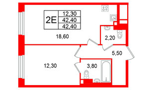 Квартира в ЖК Большая Охта, 1 комнатная, 42.4 м², 3 этаж