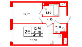 Квартира в ЖК Большая Охта, 1 комнатная, 41.8 м², 4 этаж