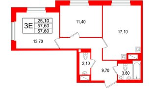 Квартира в ЖК Большая Охта, 2 комнатная, 57.6 м², 6 этаж