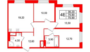 Квартира в ЖК Большая Охта, 3 комнатная, 75.9 м², 6 этаж