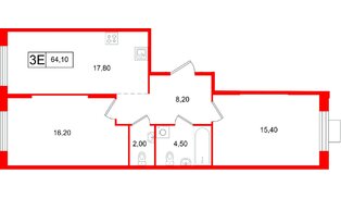 Квартира в ЖК «Ягодное Река Парк», 2 комнатная, 64.1 м², 2 этаж