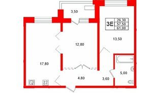 Квартира в ЖК «Сибирь», 2 комнатная, 61 м², 13 этаж