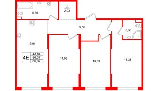 Квартира в ЖК Охтинские высоты, 3 комнатная, 86.37 м², 1 этаж