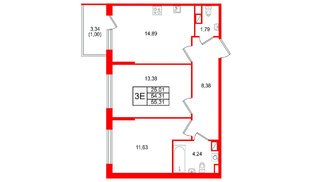 Квартира в ЖК Охтинские высоты, 2 комнатная, 55.31 м², 3 этаж