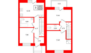 Квартира в ЖК «Федоровское», 3 комнатная, 66.36 м², 1 этаж