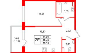 Квартира в ЖК «Охтинские высоты», 1 комнатная, 35.87 м², 2 этаж