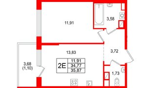 Квартира в ЖК «Охтинские высоты», 1 комнатная, 35.87 м², 3 этаж