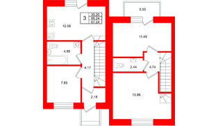 Квартира в ЖК «Федоровское», 3 комнатная, 67.7 м², 1 этаж