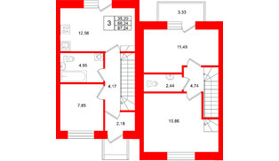 Квартира в ЖК «Федоровское», 3 комнатная, 67.7 м², 1 этаж