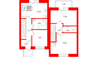 Квартира в ЖК «Федоровское», 3 комнатная, 67.9 м², 1 этаж