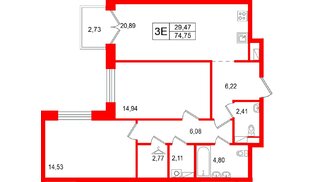 Квартира в ЖК «Остров Первых», 2 комнатная, 74.75 м², 6 этаж