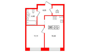 Квартира в ЖК Остров Первых, 1 комнатная, 41.19 м², 7 этаж