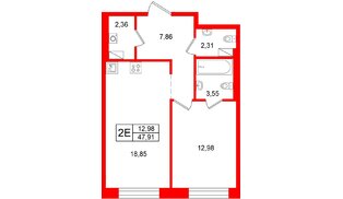 Квартира в ЖК Остров Первых, 1 комнатная, 47.91 м², 9 этаж