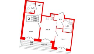 Квартира в ЖК Остров Первых, 2 комнатная, 60.99 м², 10 этаж