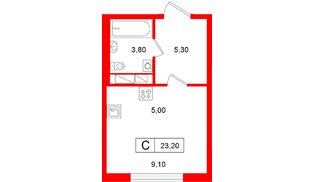 Квартира в ЖК «Гений», студия, 23.2 м², 11 этаж