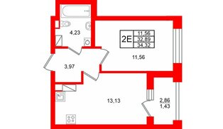 Квартира в ЖК «Аурум», 1 комнатная, 34.32 м², 5 этаж