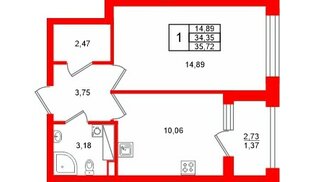Квартира в ЖК «Аурум», 1 комнатная, 35.72 м², 6 этаж