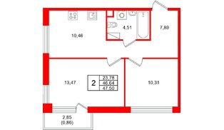 Квартира в ЖК Plus Пулковский, 2 комнатная, 47.5 м², 4 этаж
