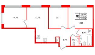 Квартира в ЖК Plus Пулковский, 3 комнатная, 65.49 м², 2 этаж