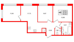 Квартира в ЖК Plus Пулковский, 3 комнатная, 65.49 м², 5 этаж