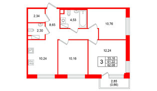 Квартира в ЖК Plus Пулковский, 3 комнатная, 62.08 м², 4 этаж